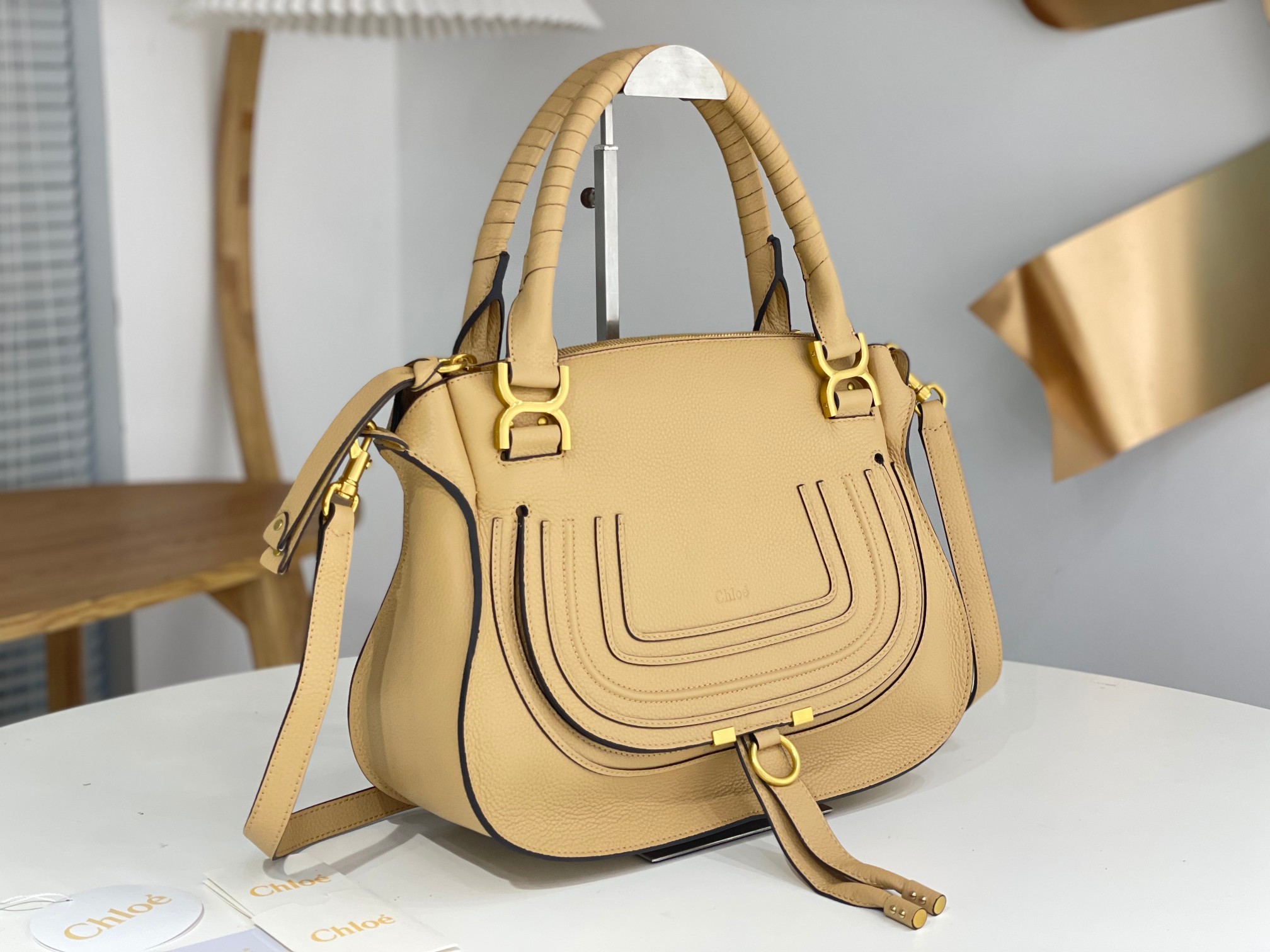 Chloe Large Marcie Bag In Milky Brown Grained Leather